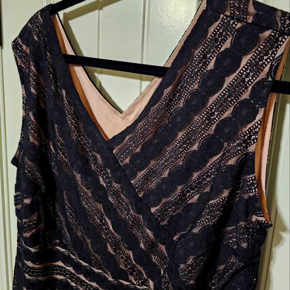 Harper signature sleeveless black lace dress with nude underlay